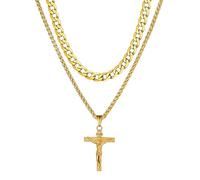 ChainsHouse Cross Necklace Cuban Chain for Men Women, Layered Gold Plated Necklaces with INRI Crucifix Pendant Religious Chains Faith Jewellery Gift