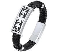 ChainsHouse Mens Braided Leather Stainless Steel Black Bracelets Bangles, Vintage Star of David/Wing Skull/Templar Cross Genuine Leather Bracelet, Send Gift Box, Leather