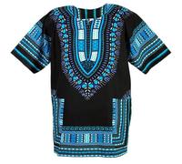 CHAINUPON African Dashiki Cotton Shirt Unisex Tribal Festival Boho Hippie Kaftan, Black Light Blue, 3XL