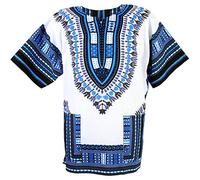 CHAINUPON African Dashiki Cotton Shirt Unisex Tribal Festival Boho Hippie Kaftan (Medium, White Dark Blue)