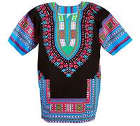 CHAINUPON African Dashiki Cotton Shirt Unisex Tribal Festival Boho Hippie Kaftan (Small, Black Sky Blue)