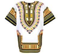 CHAINUPON African Dashiki Cotton Shirt Unisex Tribal Festival Boho Hippie Kaftan (Small, White Yellow)