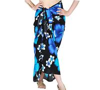 CHAINUPON Womens Beach Pareos Sarong Sheer Long Swimsuit Cover Ups Bikini Wrap Skirt (Black Blue Flower)