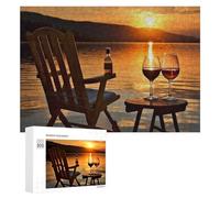 Chair and Wine at Sunset Lake Jigsaw Puzzle Challenging Fun Puzzle Wooden Jigsaw Puzzles for Adults Families 300 PCS