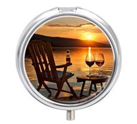 Chair and Wine at Sunset Lake Pill Box Cute Round Pill Case Portable Medicine Tablet Vitamin Holder Organizer for Purse Pocket