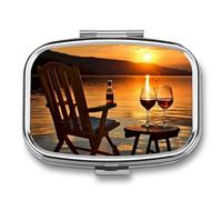 Chair and Wine at Sunset Lake Pill Box Travel Pill Organizer 2 Compartment Weekly Pill Case with Mirror A Day Medicine Container Medicine Organizer for Purse, Pocket, Or Wallet