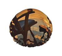 Chair and Wine at Sunset Lake Shower Cap Double Layers Waterproof Bath Shower Hat Reusable Elastic Hair Cap for Women Ladies Men