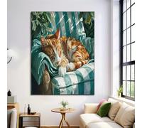 Chair Orange Cat Canvas Painting Animal Illustration Wall Art, 16x20in - White Green, Unframed, Poster Canvas Painting, Living Room Bedroom Kitchen Office Dining Room Decoration