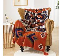 Chair Throw Blanket, Acrylic Knitted Southwest Tribal Bed Throws Couch Sofa Blankets, Native American Southwestern Soft Warm Throw Navaho Living Room Bedroom (Rusted Brown Navy White, 50”x60”)