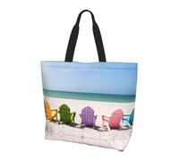 Chairs Beside The Blue Sea Sky Printed Tote Bag - Shoulder Bag - Suitable for Travel, Yoga, Beach, Commute, Shopping - Gift for Men and Women