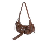 CHAKAE Motorcycle Punk Rivets Shoulder Bag With Metal Buckle PU Leather Multi Pockets Underarm Handbag Satchel Purse For Women Adjustable Strap Purse
