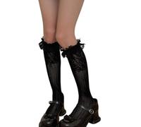 CHAKAE Women Hollowed Out Fishnets Knee Highs Socks Sweet Ruffle Trim Frilly Over The Calf Summers Spring Long Tube Women Hollowed Out Knee Highs Socks