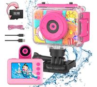 CHAKEYAKE Children's Camera, 20MP 1080P HD Digital Camera, Waterproof Underwater Camera, Kids Selfie Camera with 32G SD Card, Pink