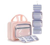 Chakipee Travel Hanging Toiletry Bag for Women - Foldable Toiletries Waterproof Organizer with Clear Window, Lightweight Wash Bags for Essentials, Makeup, Shampoo, Pink,Large