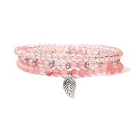 Chakra Bracelet,Niche Design 4Mm Multi-Layered Natural Gemstone Crystal Glass Beads Relief Reiki Yoga Leaf Pendant Bracelets,Energy Jewellery for Women Watermelon Red