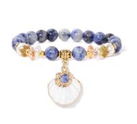 Chakra Bracelets for Women,Niche Design Light Luxury 8Mm Natural Gemstone Crystal Relief Reiki Yoga Seashell Pendant Bracelets,Energy Jewellery for Women Men Blue Dot