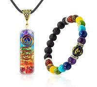 Chakra Bracelets for Women - Orgonite Crystal Jewellery Set 7 Chakra Necklace - Feng Shui Black Obsidian Lava Bead for Essential Oil Diffuser Chakra Balance Protection - Spiritual Gift for Men Women
