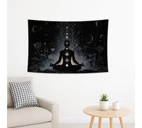 Chakra Meditation Black Tapestry, Cosmic Florals Zen Decorative Wall Hanging, Mystical Bohemian Art for Bedroom, Living Room, Dorm, Seasonal Spiritual Decor 60x80 Inch