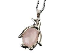Chakra Necklace, Adjustable Chain Fashion Natural Gemstone Crystal Oval Agate Penguin Pendant Necklace,Energy Jewellery for Men Women Rose-Quartz