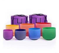Chakra Quartz Crystal Singing Bowl Set for Yoga Meditation and Stress Relief 6 12 Inch Colored Bowls with Buddhist Silk Cushion (432hz)