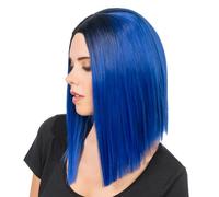 Chaks - 40cm Bob Straight Blue Wig with Black Roots for Carnival, Cosplay, Festival and Party