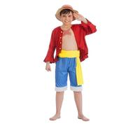 Chaks One Piece Costume Ruffy Straw Hat Monkey D. Luffy for Children Size 128-152 Anime Licensed Costume Manga Cosplay Fancy Dress (128)