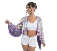 Chaks - Women's cropped jacket, short jacket with sequins and fringes on the sleeves, glitter party outfit for carnival and festivals