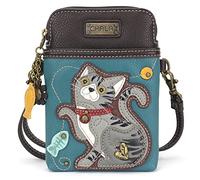 CHALA Cell Phone Crossbody Purse-Women PU Leather/Canvas Multicolor Handbag with Adjustable Strap - Tabby Cat - gray - turquoise