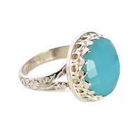Chalcedony Gemstone Ring in 925 Sterling Silver - Blue & Yellow 17mm Oval Faceted Stone, Bezel Set Raw Crystal Ring, Handmade Artisan Jewelry 66 (21.00)
