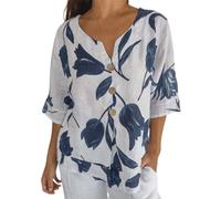 Chalice Collar Blouse Women's Cotton Linen T-Shirt Summer Casual Loose Fit Blouse Tunic Floral Print Button Down V-Neck Short Sleeve Blouse Stand Collar Women Chinese, White, M