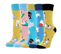 Chalier Cozy 5 Pairs Women Socks Cute Cat Dog Ladies Sock Animal Themed Patterns Gifts for Women Novelty Funny Cotton,One Size(Z2-blue cats)