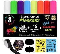 Chalk Markers by Vaci, Pack of 8 + Chalkboard Tape, Christmas Drawing Stencils and 16 Labels, Liquid Chalkboard Neon Pens, Signs, Windows, Blackboard, Bullet or Chisel Reversible Tips