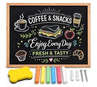 Chalkboard Blackboard Wall Mounted with Oak Colour Frame 60x44cm | Includes 6 Coloured Chalks, Eraser & Wall Fixings for Kitchen, Home, Office, Café, Restaurant, School & Menu Display