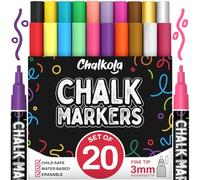 Chalkola 20 Fine Tip Liquid Chalk Pens for Blackboard (3mm Reversible Tip, Neon, Pastel Colors + Gold, Silver) | Thin Chalk pens for Chalkboards, Window, Car, Glass - Erasable Chalkboard Markers