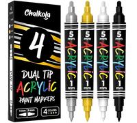 Chalkola 4 Acrylic Paint Pens Dual Tip (White, Black, Gold & Silver) 1mm Fine Tip & 5mm Medium | Permanent Acrylic Paint Markers for Rock Painting, Plastic, Wood, Ceramic, Glass, Fabric, Metal
