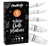 Chalkola 5 White Chalk Pens for Chalkboard Signs, Blackboard, Car Window, Bistro, Glass | 5 Variety Pack - Thin, Fine Tip, Bold & Jumbo Size Erasable Liquid Chalk Pens (1mm, 3mm, 6mm, 10mm, 15mm)