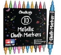 Chalkola Dual Tip Liquid Chalk Markers for Blackboard (10 Metallic Colors, 1mm+5mm Fine, Bold) - Dry Erase Marker Pens for Chalkboards Signs, Car Windows, Glass, Mirrors - Erasable Chalkboard Markers