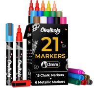 Chalkola Fine Tip Chalk Markers for Blackboard & Glass (Pack of 21, 3mm Reversible Tip) | Liquid Chalk Pens for Calendar and Windows, Mirror, Car | Chalkboard Markers Erasable