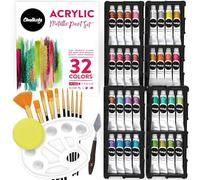 Chalkola Metallic Acrylic Paint Set - 32 Metallic Paint Tubes (22ml) (in old, Silver), 10 Painting Brushes, 1 Knife, Sponge & Palette - Professional Metal Acrylic Craft Paints for Artists, Adults