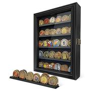 Challenge Coin Display Case Wall Mount Military Coin Holder Display Cabinet Rack Shadow Box Solid Wood Challenge Coin Frame with Removable Shelf HD Glass Door for Casino Poker Chip Collectibles, Black