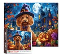 Challenging 1000 Piece Halloween Dog Puzzle for Adults Poodle in Witch Hat with Pumpkins Fall Leaves and Haunted House Jigsaw Puzzle Cozy Spooky Autumn Night Puzzles for Dog Lovers Gift Home Wall Art