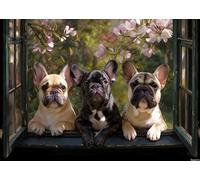 Challenging and Cute Charming Jigsaw Game Featuring Three French Bulldogs Window Flowers 1000 Piece Puzzle for Adults and Dog Lovers Families Wall Decor and Family Fun Gift 20x28in