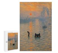 Challenging Black Cat in Impressionist Sunrise Jigsaw Puzzle for Adults, 1000 PCS, A Rewarding Pastime for Dedicated Jigsaw Fans, for Family Nights