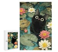Challenging Black Cat in Lily Pond Illustration Jigsaw Puzzle for Adults, 1000 PCS, An Absorbing Project for Relaxed Weekends, for Creative Downtime