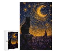 Challenging Black Cat on Rooftop Under Crescent Moon Jigsaw Puzzle for Adults, 1000 PCS, An Absorbing Project for Relaxed Weekends, for Creative Downtime