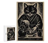 Challenging Cat Tea Ceremony Woodcut Print Jigsaw Puzzle for Adults, 300 PCS, Versatile Leisure for Adults Who Enjoy Jigsaws, for Puzzle Fans