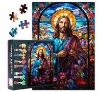 Challenging Puzzle Stained Glass of Jesus Jigsaw Puzzles 1000 Piece for Adults Jesus Christ and Flowers Jigsaw Puzzles No Dust Thick Puzzle Unique Brain Teaser for Game Nights(50.5x70.5cm)