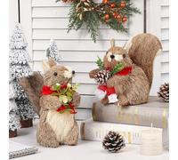 Chalyna 2 Pack Christmas Sisal Squirrel Tabletop Decorations, Squirrel Figurine for Home Decor Woodland Animals Rustic Xmas Ornaments for Table Office Indoor Forest Mantle Decor Xmas Gifts