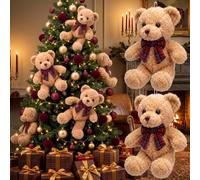 Chalyna 6 Pack Christmas Teddy Bear Ornaments, Large 10 Inch Brown Bear with Velvet Tartan Bow, Hanging Decor for Christmas Tree Holiday Party, Gifts for Kids Girls (Red)