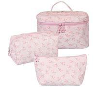 CHAMAIR Floral Makeup Bag Set - 3Pcs Coquette Make Up Bag Quilted Skincare Bag Cute Toiletry Bag Ladies Large Cosmetic Pouch Makeup Bags for Travel Daily Use (G01 Pink)